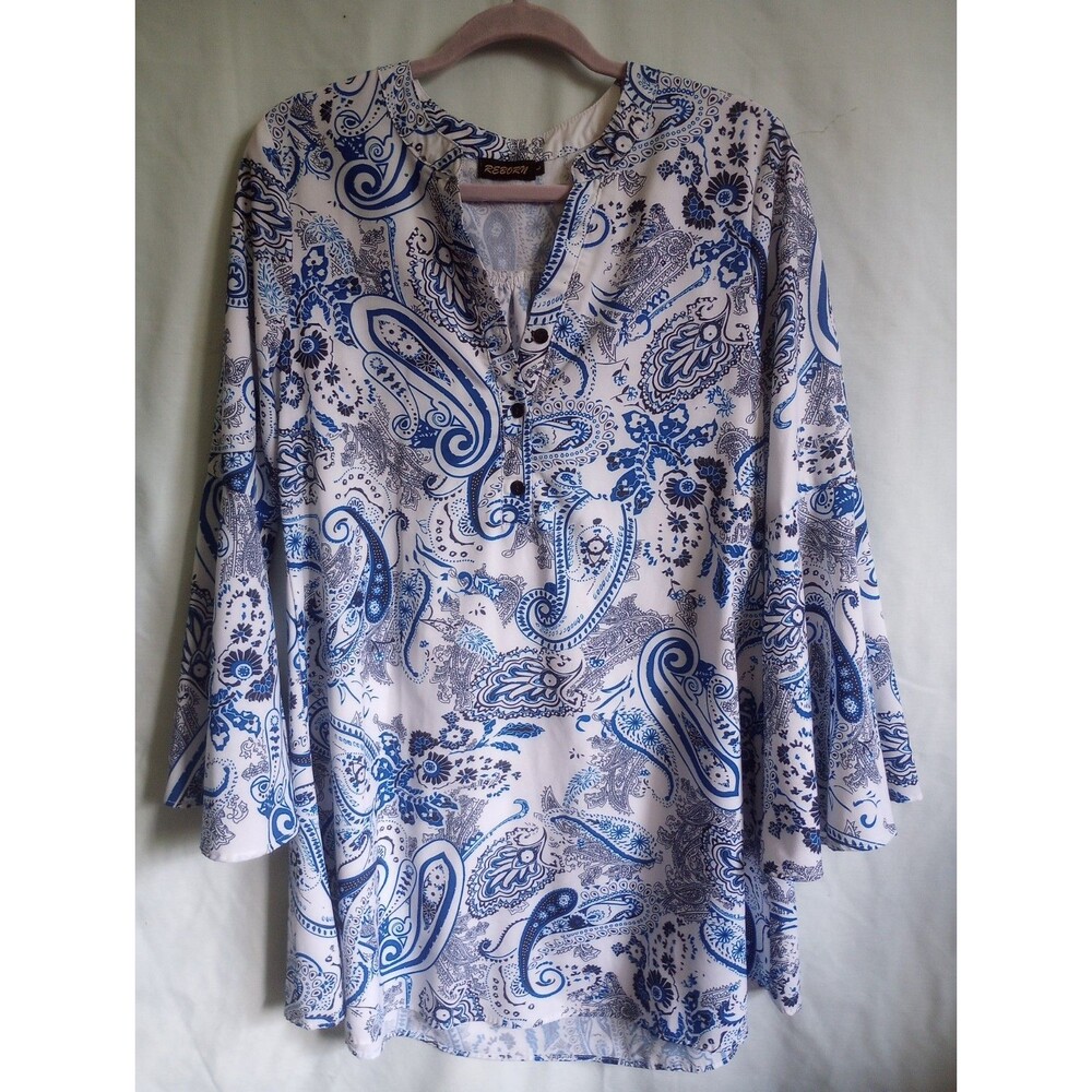 Reborn Paisley Button Blouse Womens L Blue & White 3/4 Sleeve Regular Fit